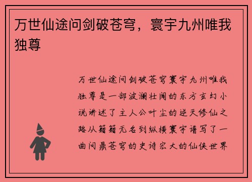 万世仙途问剑破苍穹，寰宇九州唯我独尊